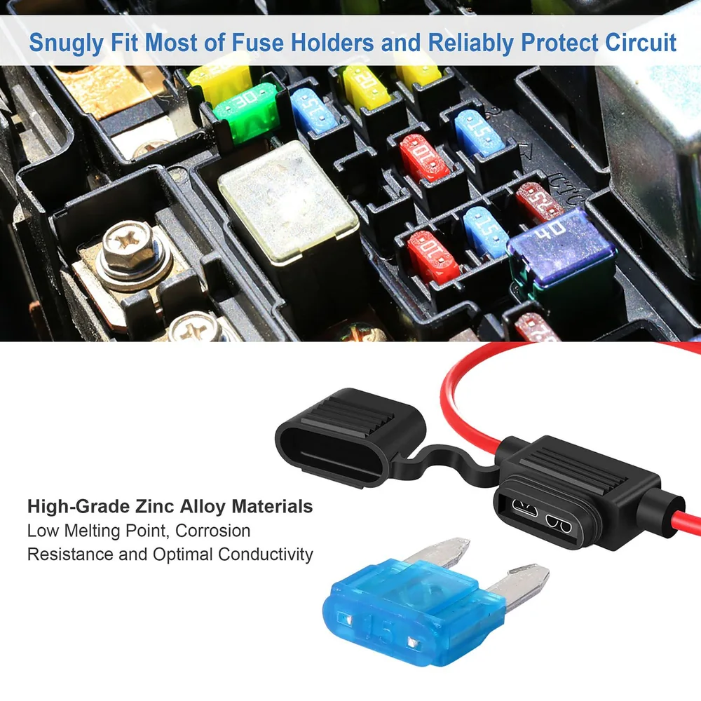 Image of a high-grade zinc alloy fuse holder with red wire, designed to fit most fuse holders and provide optimal circuit protection, surrounded by colorful fuses in a fuse box.