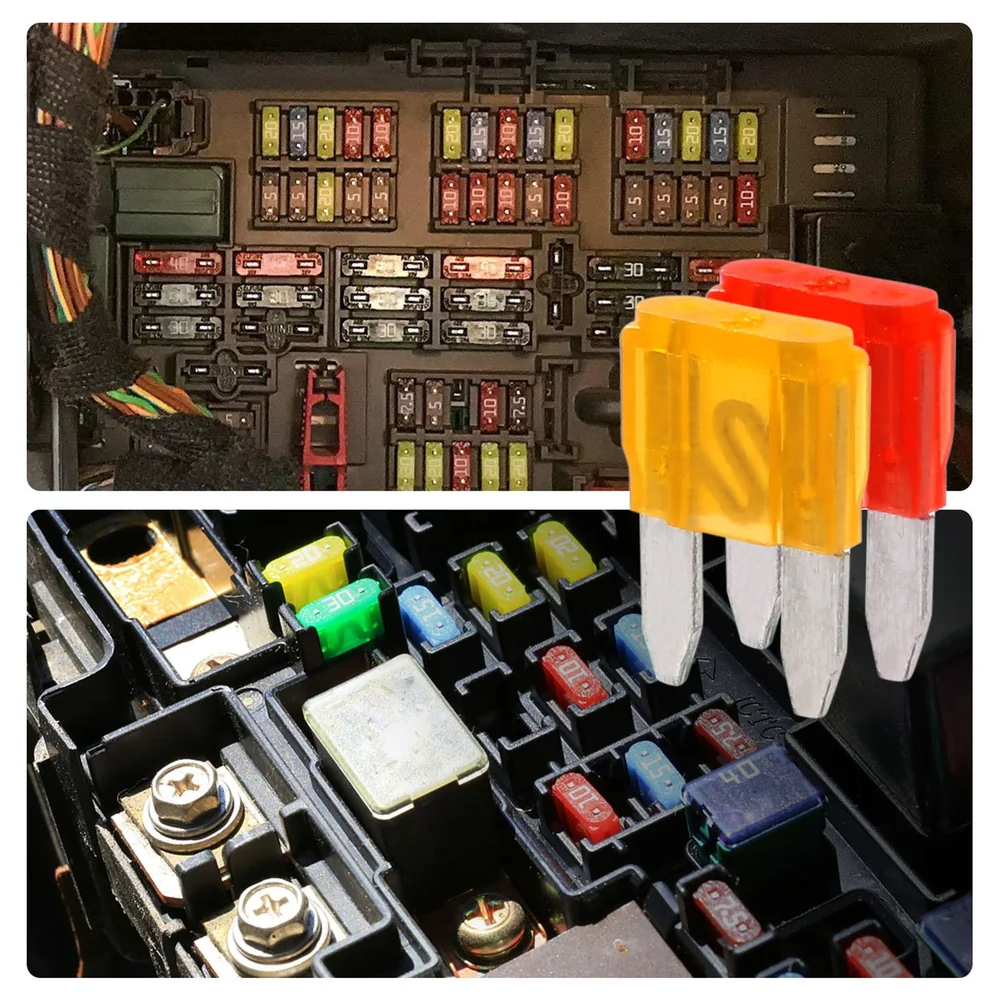 Automotive fuse box showing various colored fuses and three replacement fuses in red, yellow, and orange, ideal for vehicle electrical system repairs.