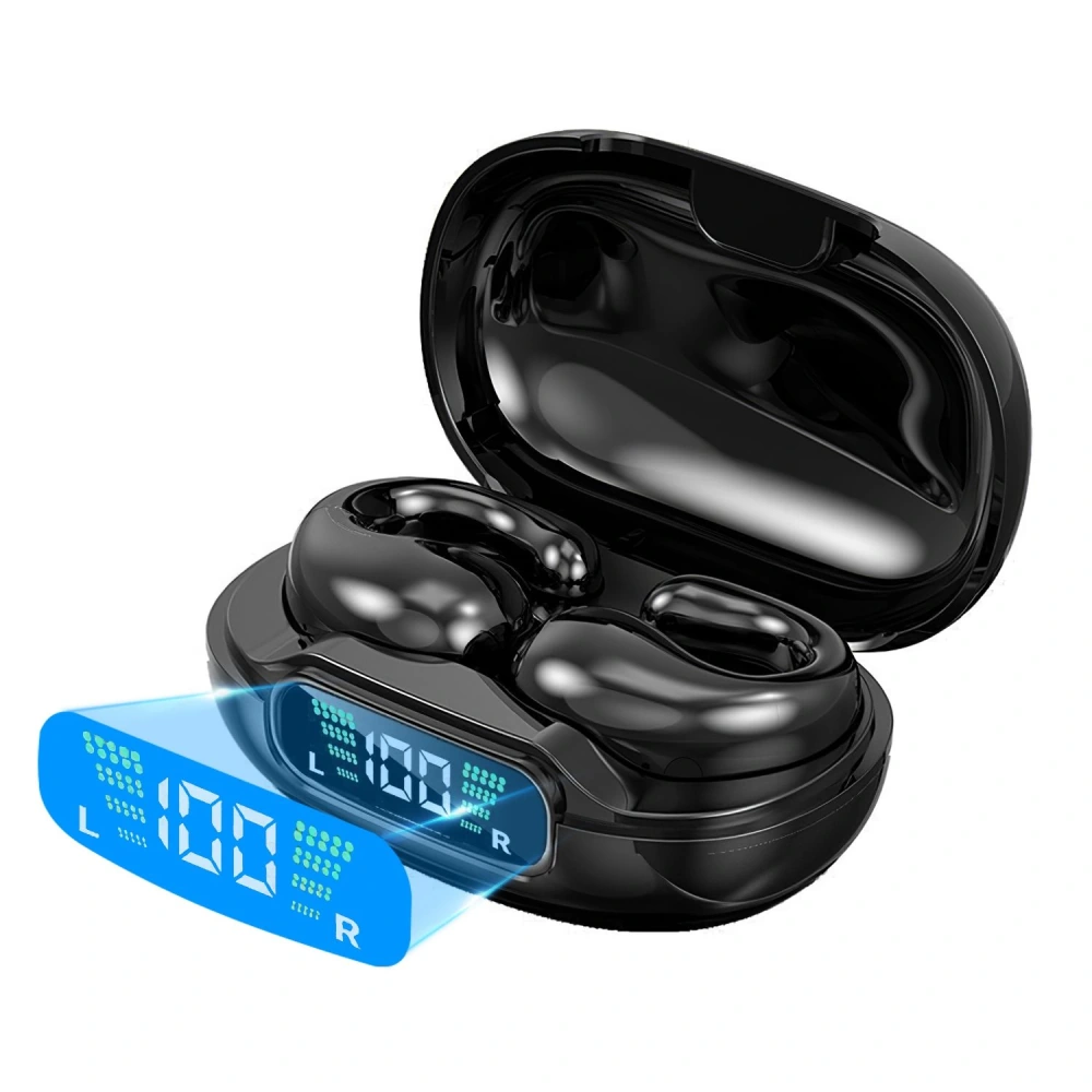 Wireless earbuds in a sleek black charging case with an LED display showing battery levels for left and right earbuds.