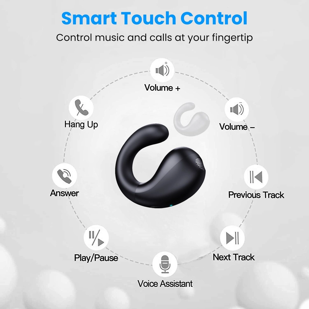 Smart Touch Control wireless earbuds with intuitive touch buttons for volume adjustment, call management, and voice assistant, showcased against a light background.