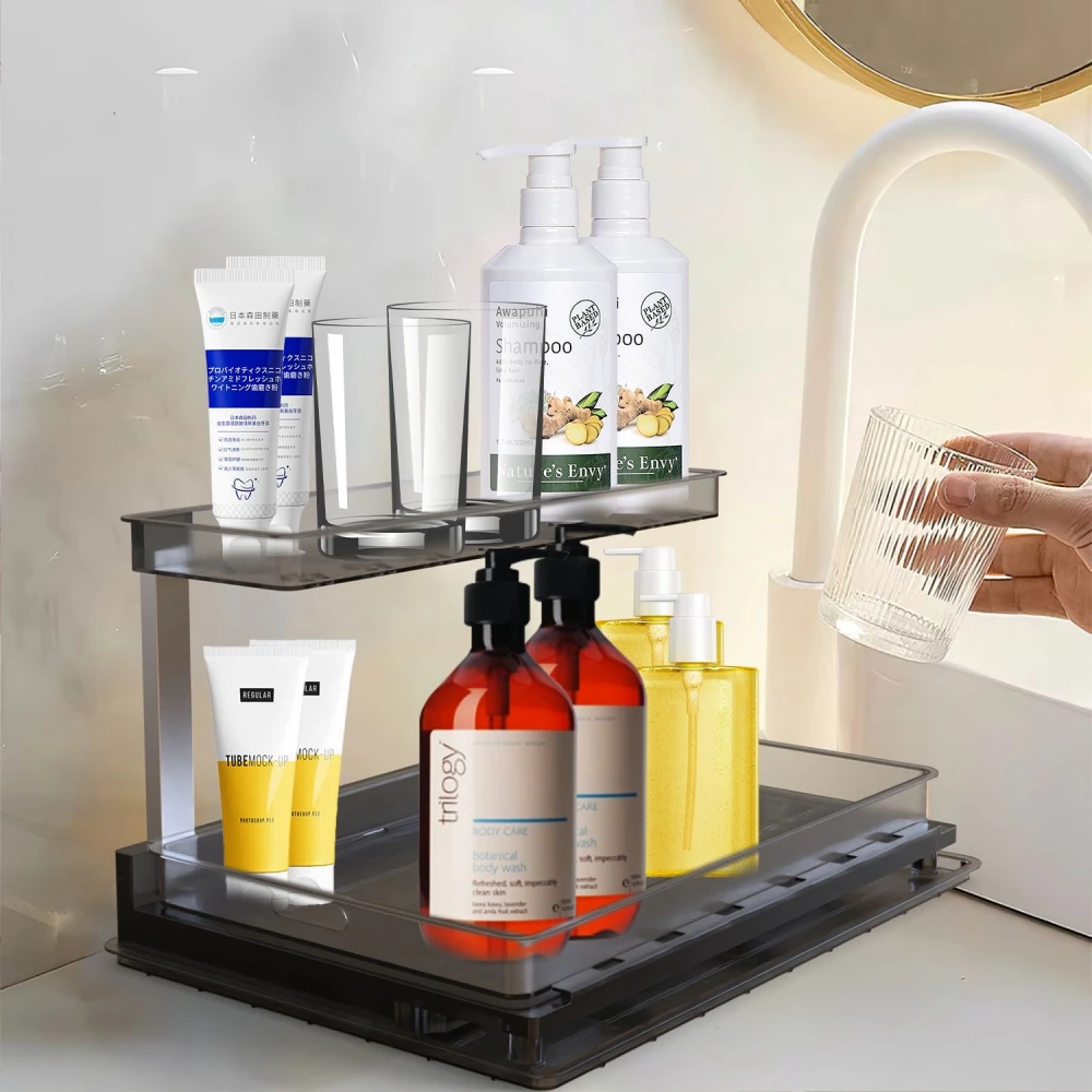 Two-tier storage organizer holding various cosmetic and personal care products including shampoos, body washes, and skincare tubes, set against a bathroom backdrop.