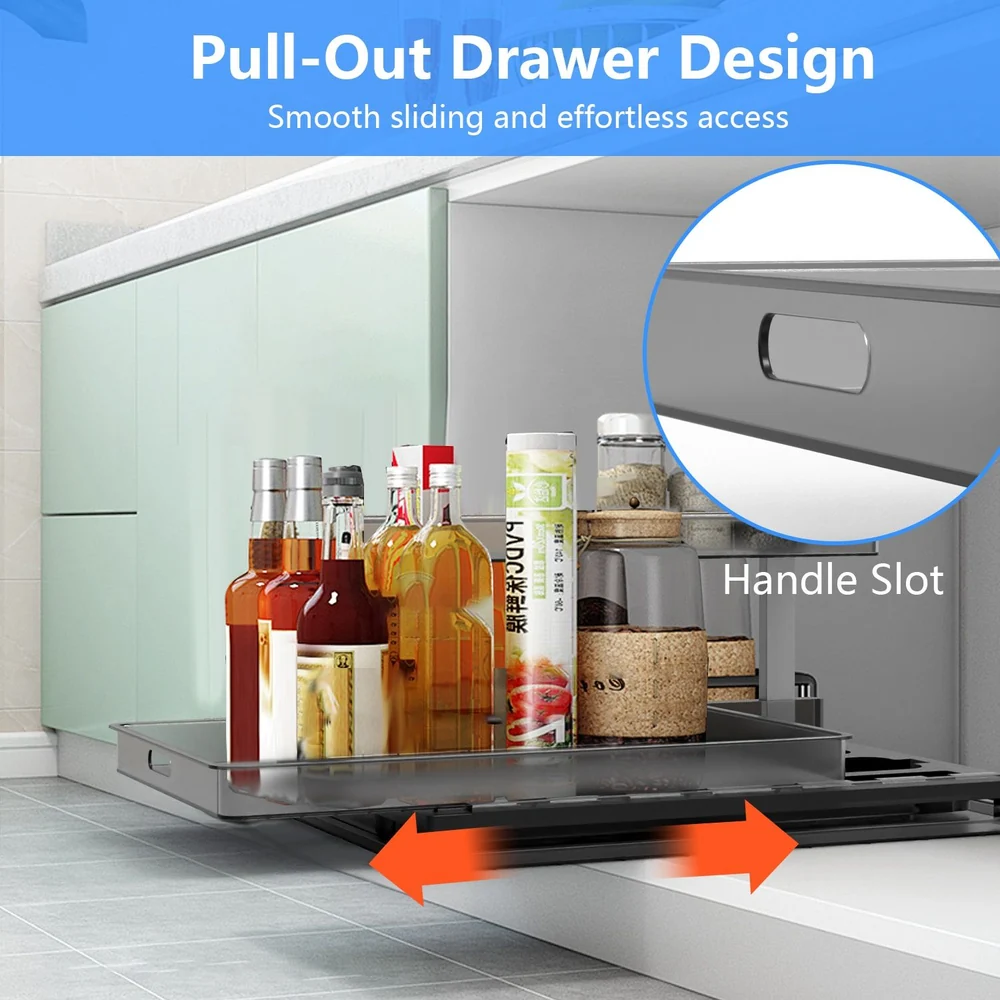 Pull-out drawer organizer showcasing smooth sliding design with bottles and containers, featuring a handle slot for easy access in a modern kitchen setting.