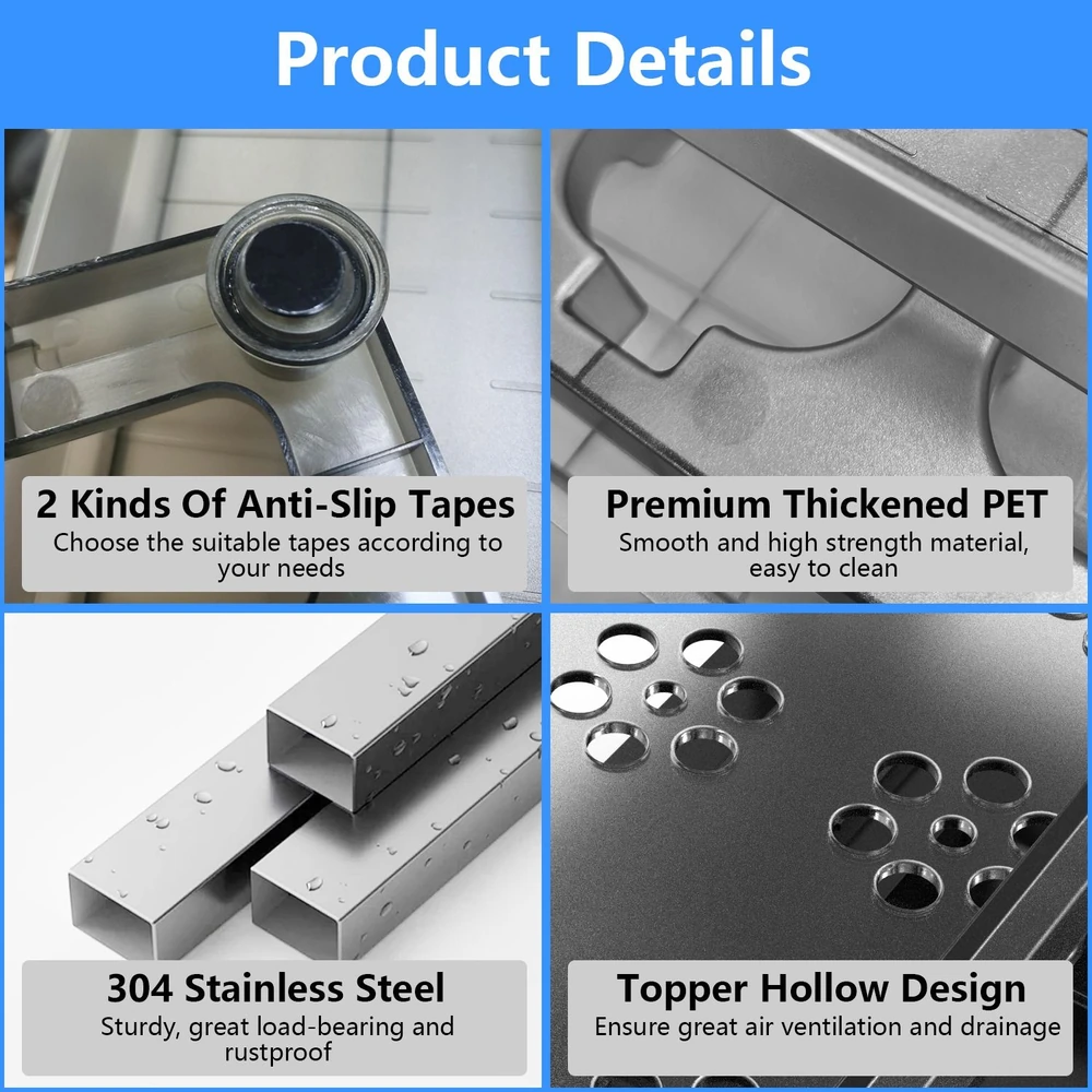 Product image showcasing details of a high-quality kitchen accessory featuring anti-slip tapes, thickened PET material, durable 304 stainless steel construction, and a topper hollow design for optimal ventilation and drainage.