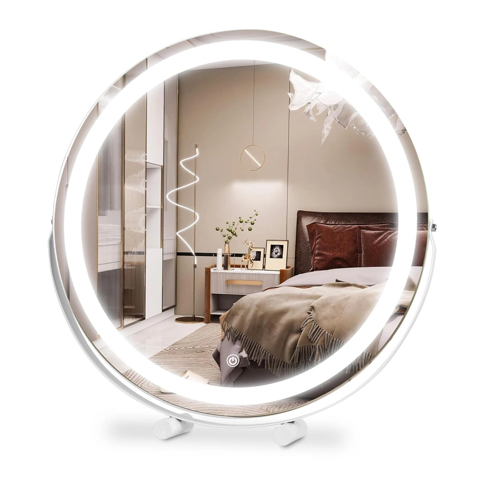 Illuminated round mirror with adjustable lighting, set in a stylish bedroom featuring a bed, modern bedside table, and contemporary decor elements.