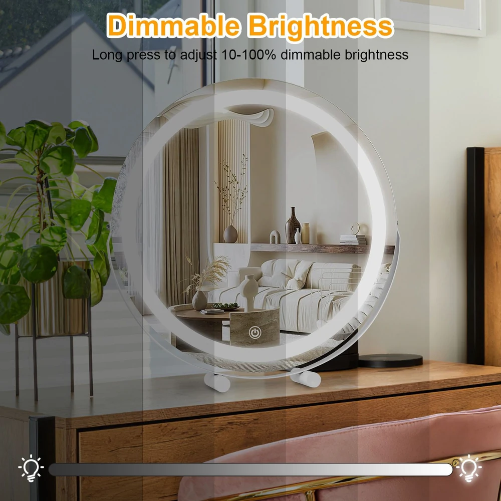 Dimmable LED mirror lamp with adjustable brightness, showcasing a modern living room setting featuring a decorative plant and stylish furniture.