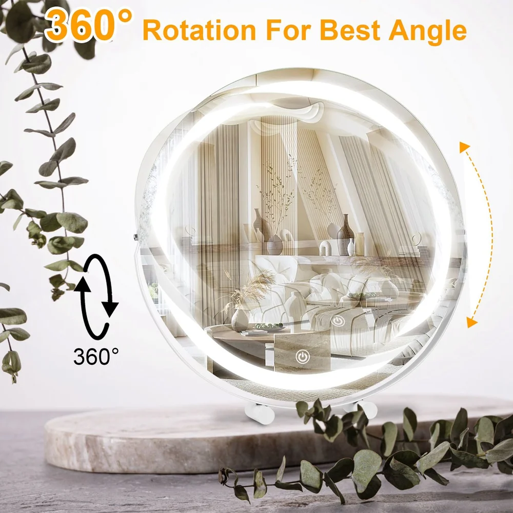 360° rotating illuminated mirror, designed for optimal viewing angles, showcasing a stylish living room with elegant decor and plants.