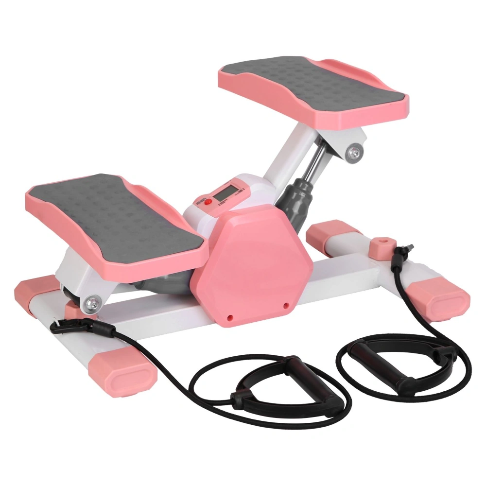Compact pink and white stepper machine with textured footpads and resistance bands, designed for home workouts and fitness routines.