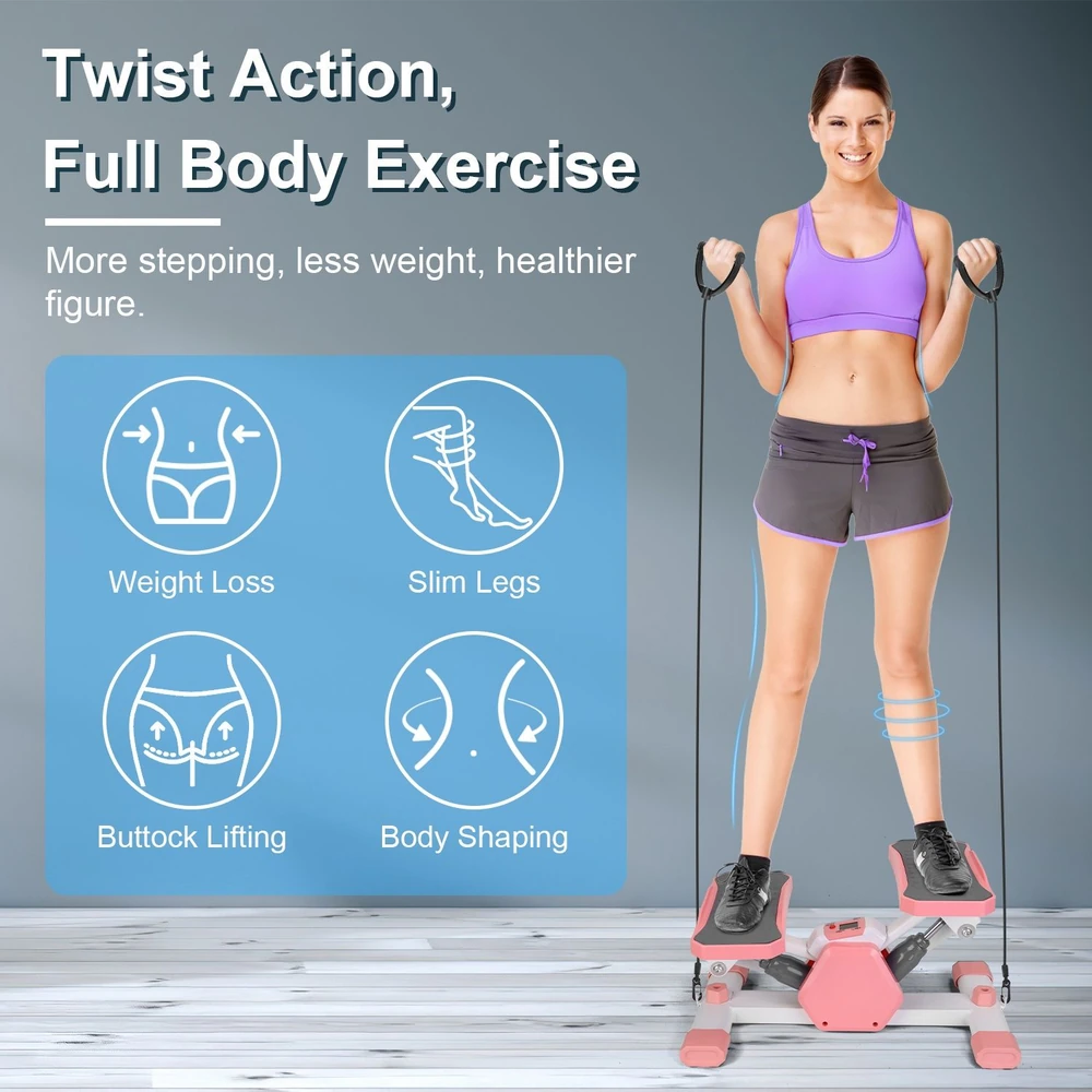 Full body exercise machine showcasing a woman in sporty attire demonstrating twisting action for weight loss, leg slimming, buttock lifting, and body shaping.