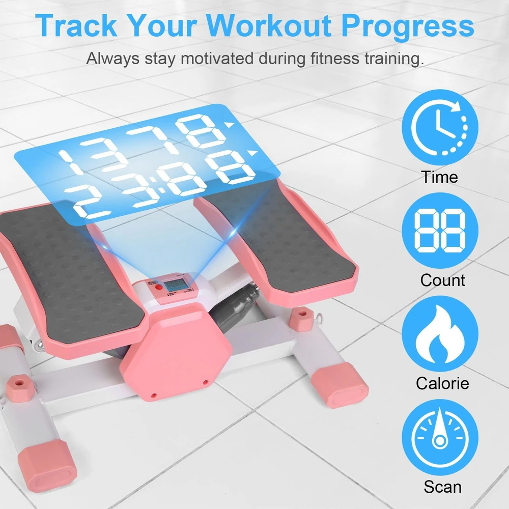 Compact fitness stepper with a digital display showing workout metrics like time, count, and calories, designed for effective home exercise training.