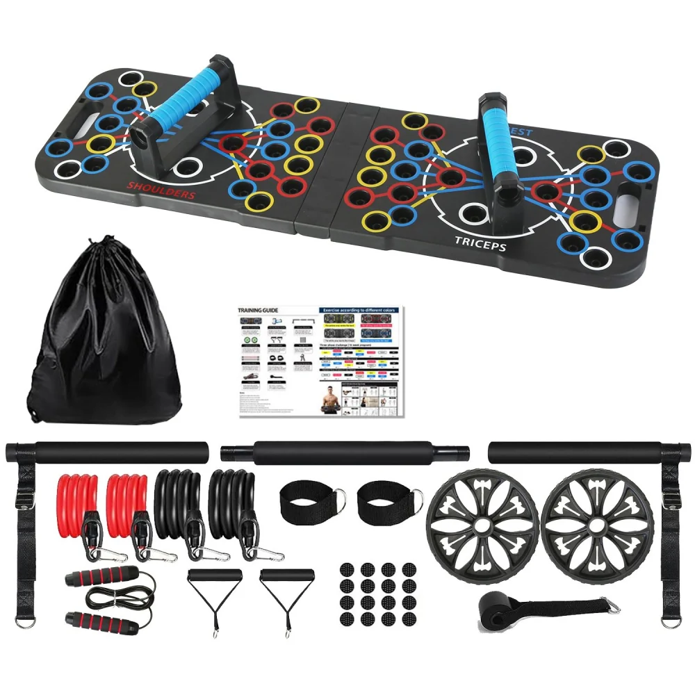 Home workout equipment set including push-up board, resistance bands, training bar, handles, and guide, designed for full-body strength training.