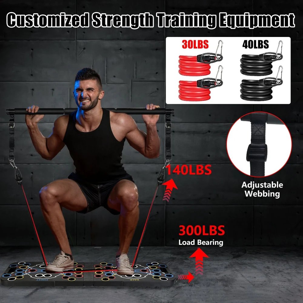 Customized strength training equipment featuring adjustable webbing, with a user performing squats using resistance bands rated at 30lbs and 40lbs, showcasing a load bearing of 300lbs.