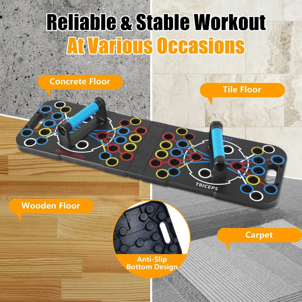 Multi-surface workout platform with anti-slip design, suitable for concrete, tile, wooden floors, and carpet, featuring ergonomic grip handles for stability and versatility in exercise routines.