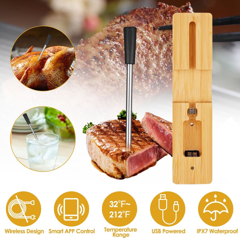 Smart wireless meat thermometer with USB charging, temperature range of 32°F to 212°F, shown alongside perfectly cooked steak and chicken, highlighting app control and waterproof design.