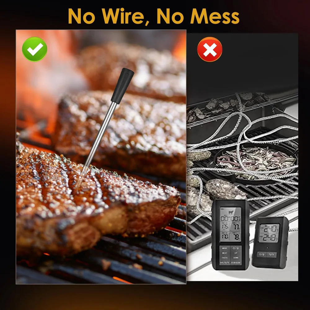 Wireless meat thermometer displayed in use on grilled steaks with comparison to a traditional wired thermometer setup, highlighting convenience and mess-free grilling.