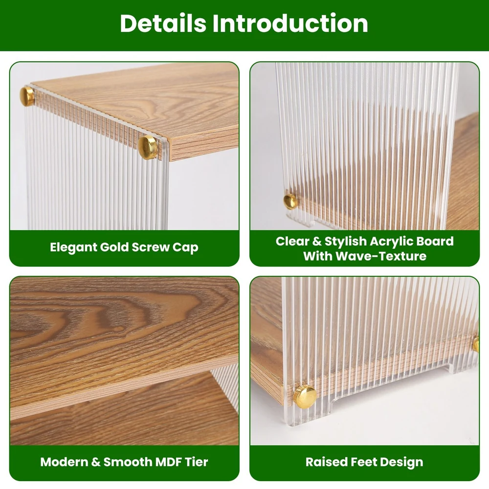 Modern acrylic and MDF shelving unit featuring elegant gold screw caps, smooth wooden tiers, and a stylish wave-textured board design.