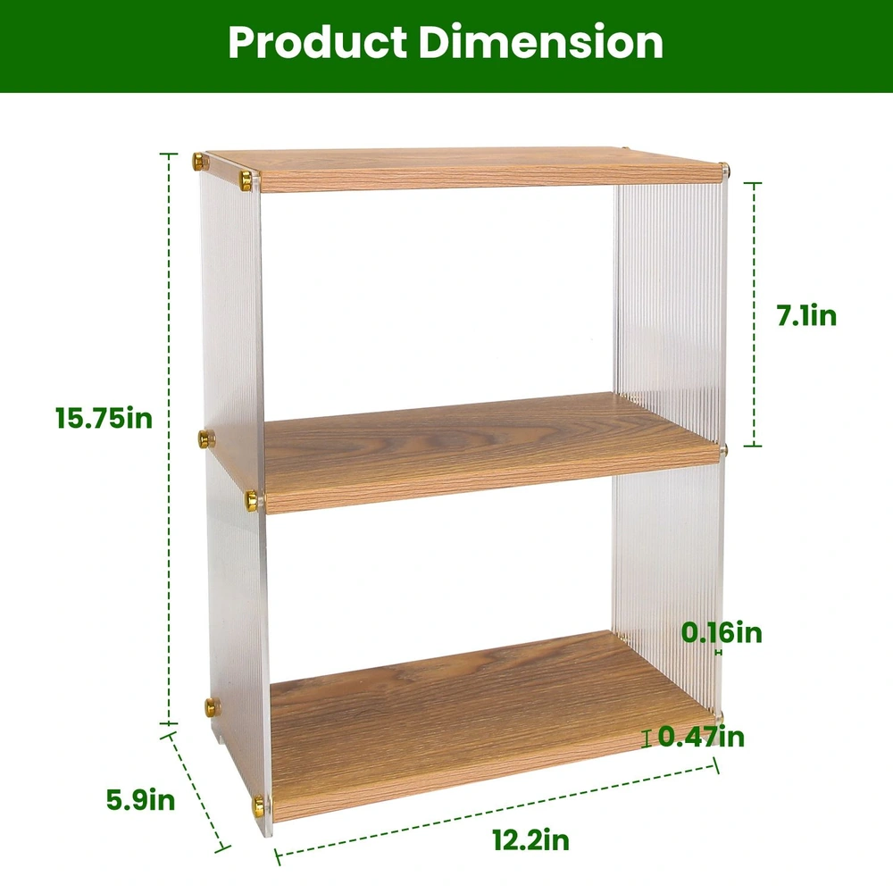 Three-tier acrylic and wood shelf unit displaying product dimensions: height 15.75 inches, width 12.2 inches, depth 5.9 inches, shelf height 7.1 inches, and shelf thickness 0.16 inches.