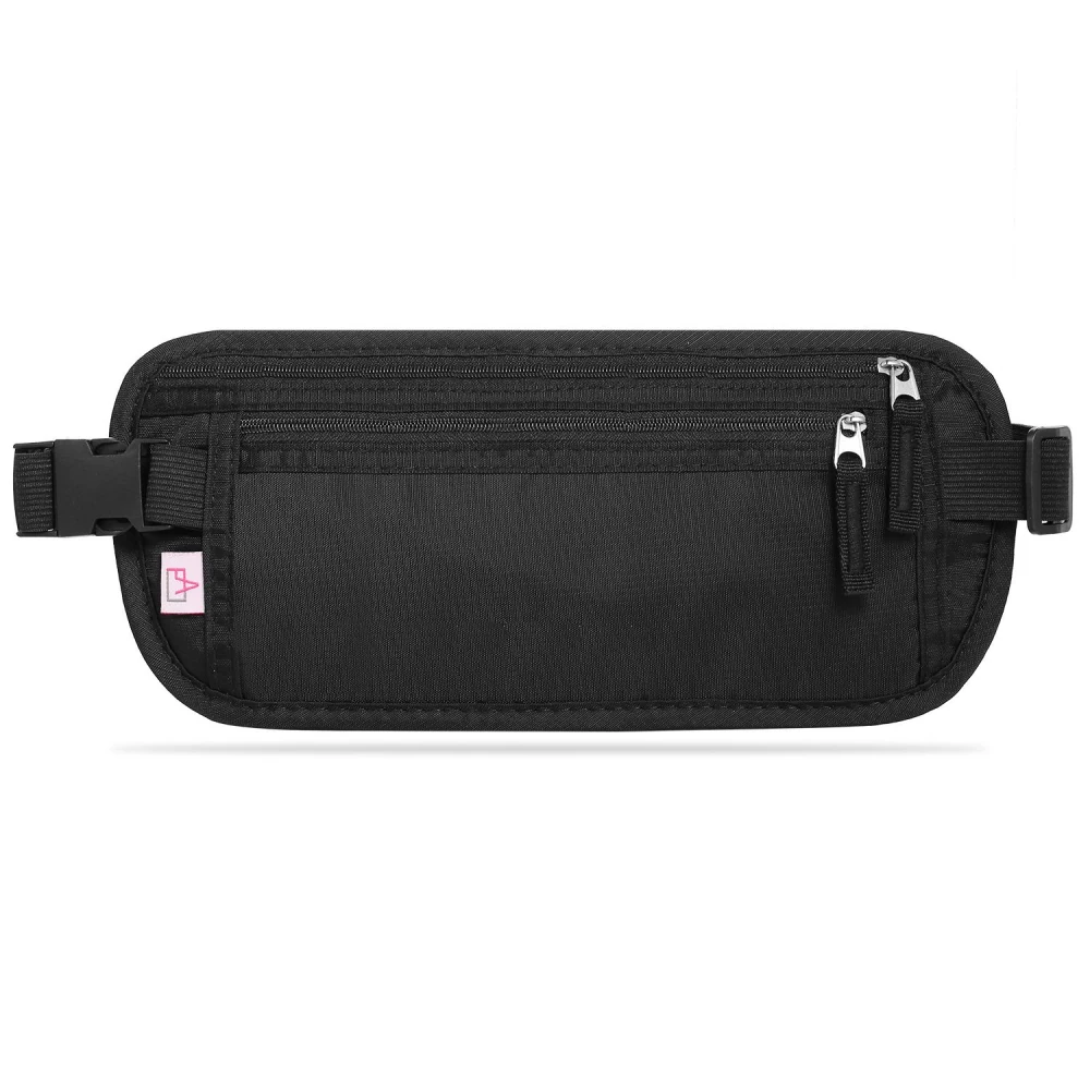 Compact black organizer pouch featuring multiple zippered compartments and adjustable strap, ideal for travel and easy storage.