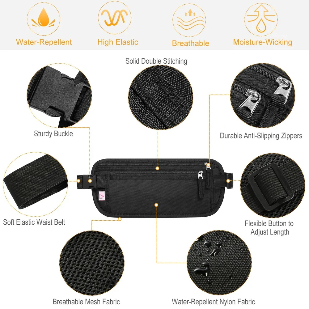 Black running waist pack with water-repellent nylon fabric, adjustable soft elastic waist belt, breathable mesh sections, durable anti-slipping zippers, and solid double stitching features for active use.