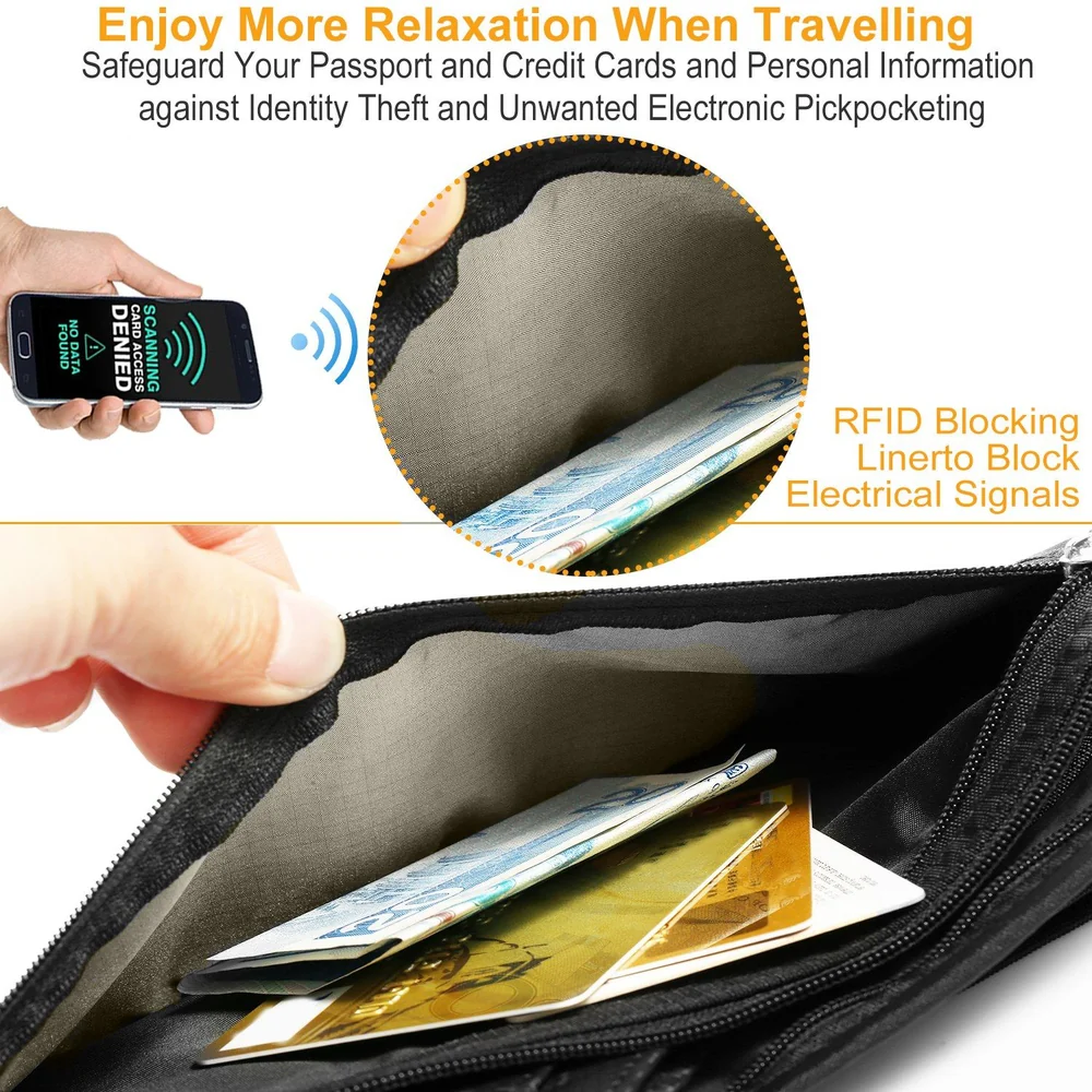 RFID-blocking travel wallet protecting passport and credit cards from identity theft and electronic pickpocketing, showcasing security features and spacious interior for essential items.