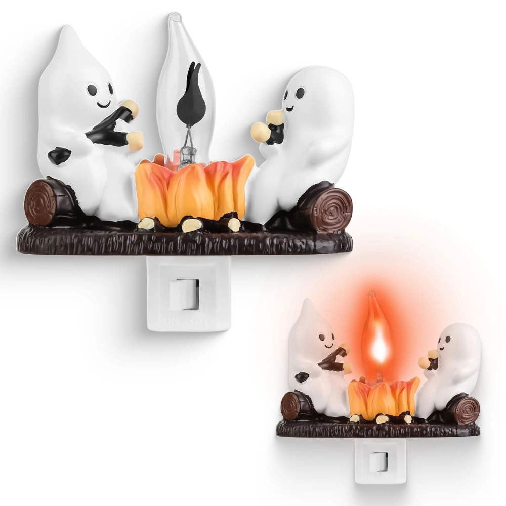Adorable Halloween night light featuring two cheerful ghosts roasting marshmallows over a simulated campfire, ideal for adding a festive touch to children's rooms or Halloween decorations.