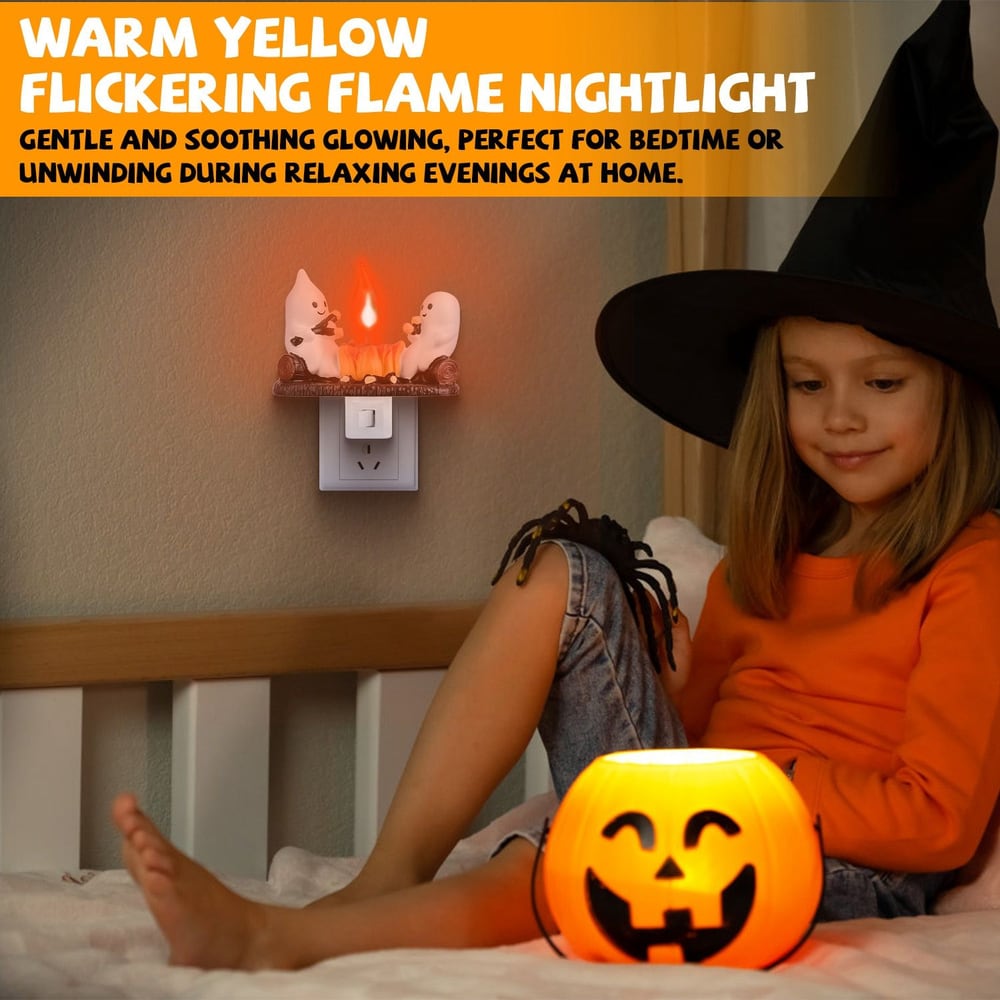 Warm yellow flickering flame nightlight with ghost design, providing a gentle glow for bedtime or relaxing evenings, alongside a smiling pumpkin decoration.