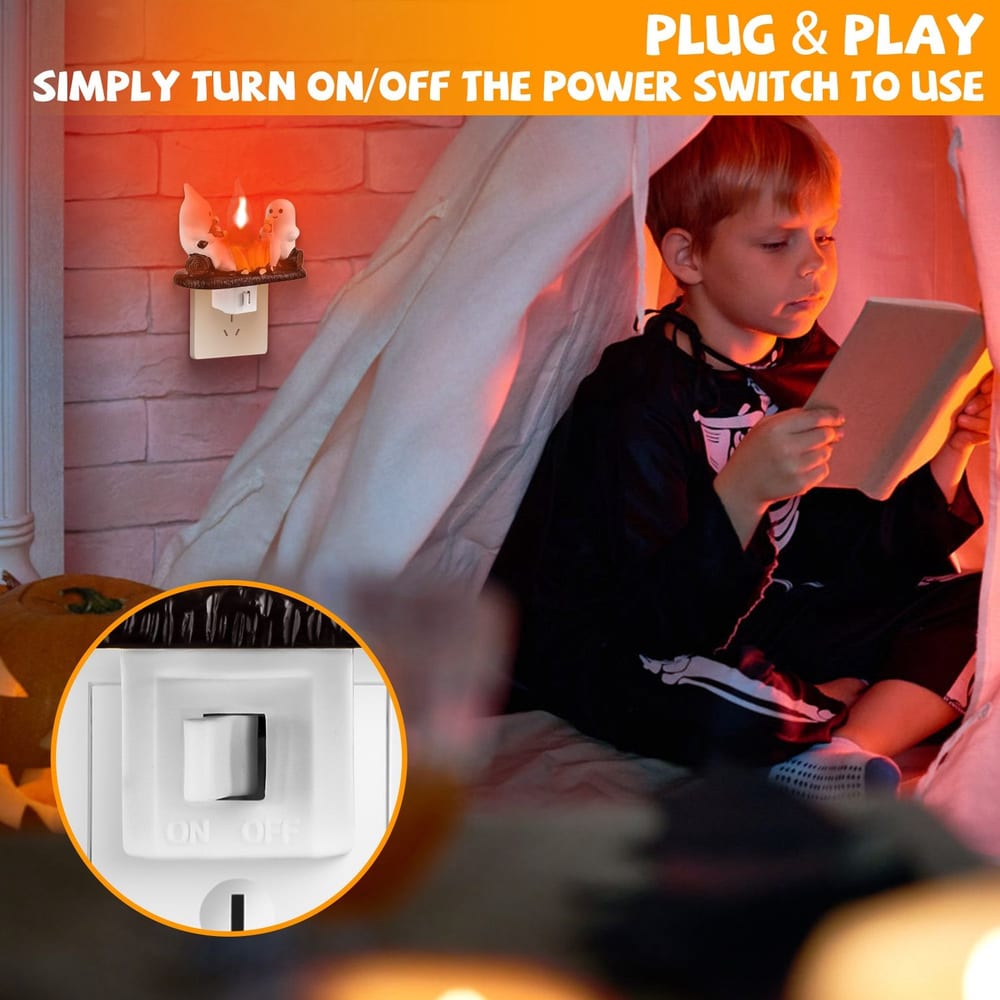 Child reading a book under a cozy blanket, illuminated by a whimsical night light featuring ghost figures, with a visible power switch for easy on/off operation. Perfect for adding a playful touch to Halloween decor.