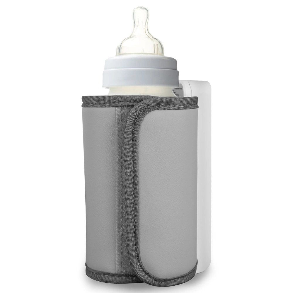 Gray insulated baby bottle holder with a soft exterior, designed to keep milk warm, featuring a clear bottle cap and a snug fit for easy transportation.