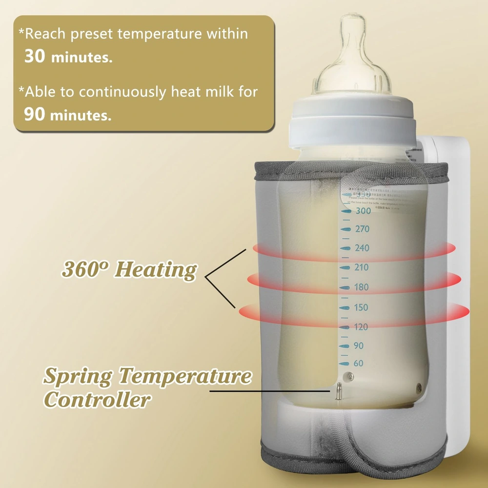 Image of a baby bottle warmer showing features like 360-degree heating, a spring temperature controller, and instructions highlighting a 30-minute heating time to reach preset temperatures and 90 minutes of continuous heating.
