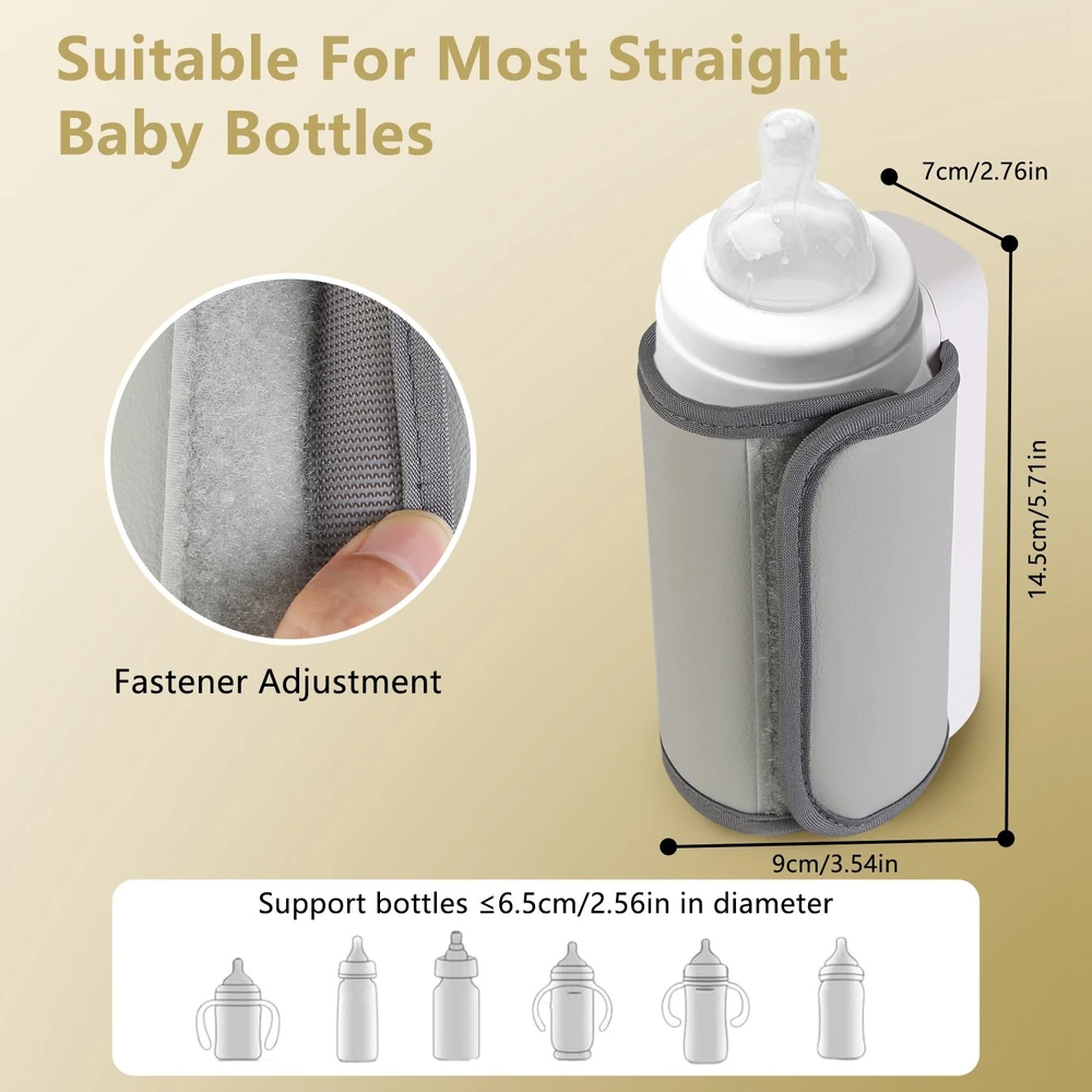 Gray baby bottle holder with adjustable fastener, designed to fit most straight baby bottles, measuring 14.5 cm in height and 9 cm in width, with a diameter support for bottles up to 6.5 cm.