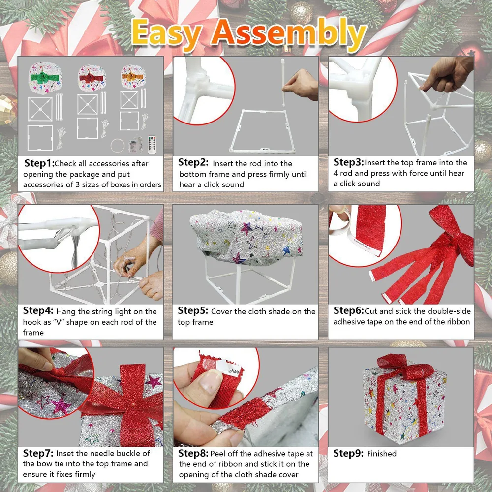 Easy assembly instructional guide for decorative gift box display, featuring step-by-step visuals for setting up a festive centerpiece with colorful star-patterned cloth and red ribbon accents.