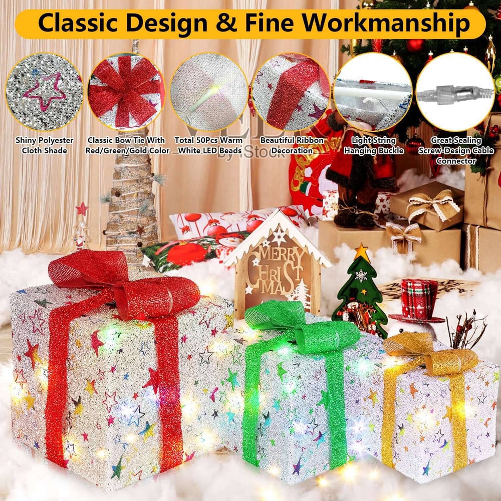 Festively decorated LED Christmas gift boxes in silver with colorful ribbons and stars, designed with shiny polyester cloth, perfect for holiday decoration.