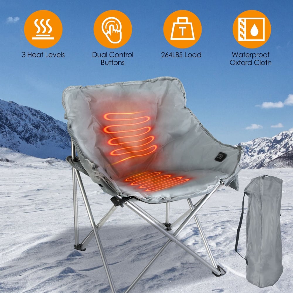 Heated outdoor folding chair with three heat settings, dual control buttons, a 264-pound weight capacity, and waterproof Oxford cloth, displayed in a snowy mountain landscape.