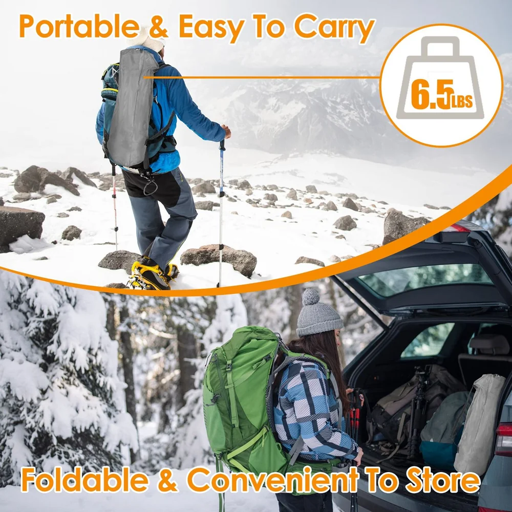 Lightweight and portable backpack ideal for hiking, featuring a foldable design for easy storage, shown in snowy outdoor environments with a male hiker and a female climber packing gear.