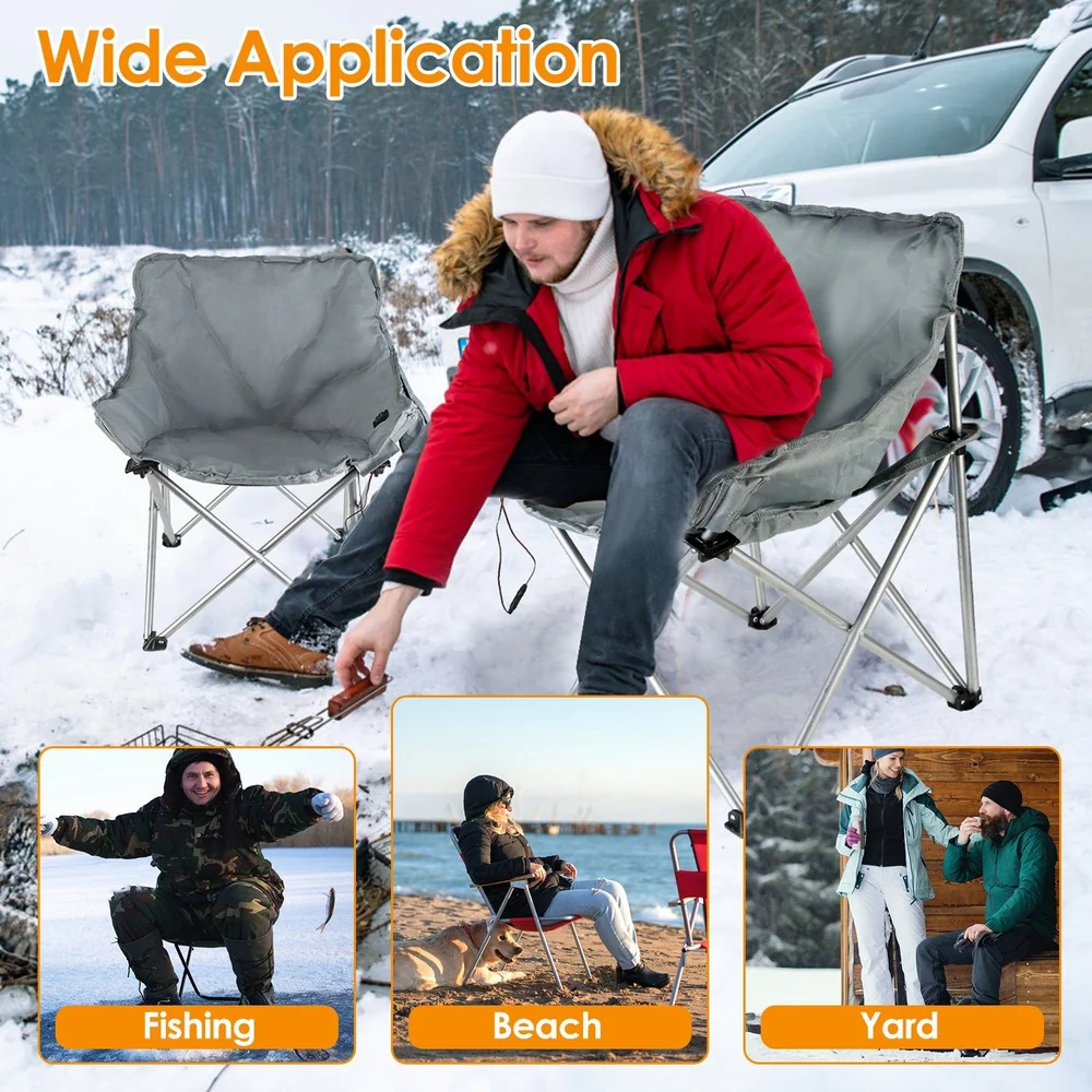 Portable outdoor folding chairs for fishing, beach, and yard use, set in a snowy landscape with a man in a red jacket.