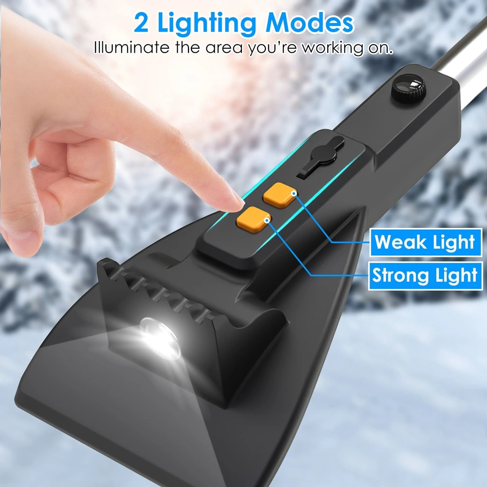 Close-up of a hand pressing buttons on a versatile tool featuring two lighting modes: weak light and strong light, designed for illuminating work areas in low visibility conditions.