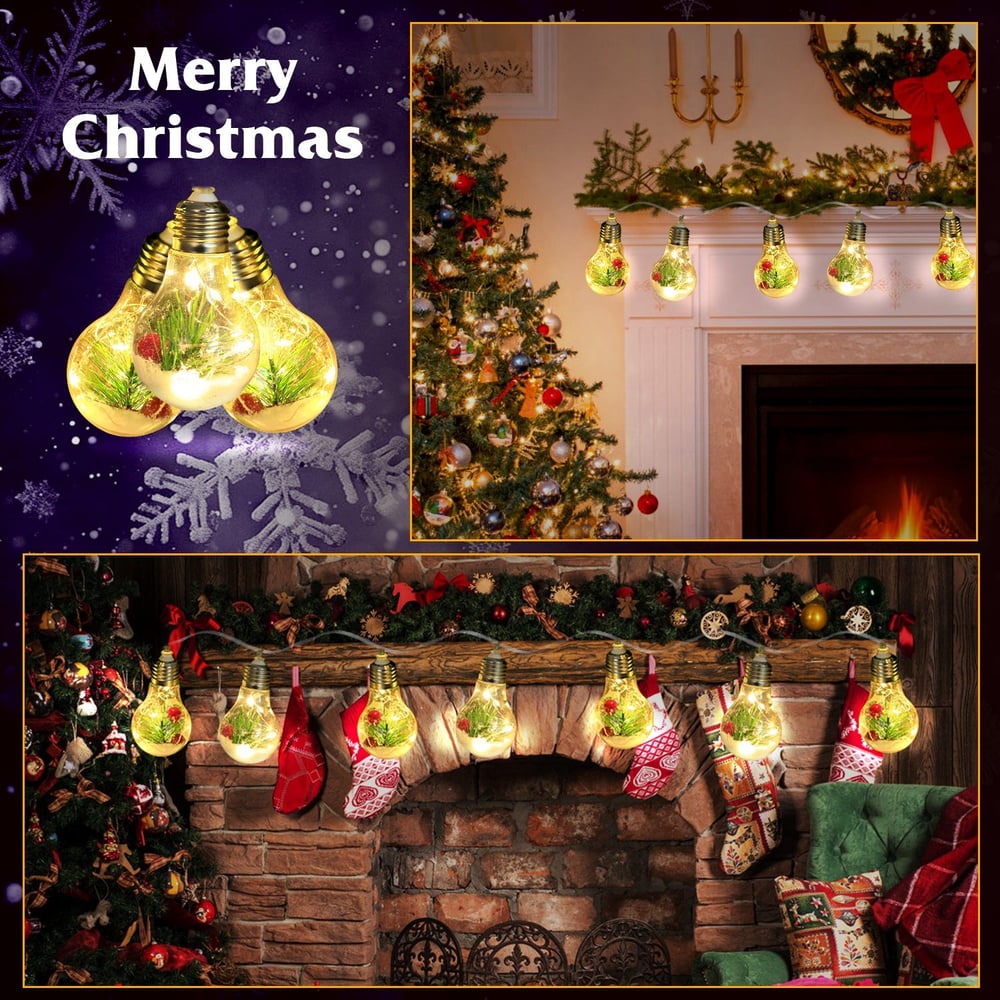 Festive Christmas light bulbs with greenery and warm lights, draped above a cozy fireplace and Christmas tree, conveying a holiday atmosphere.