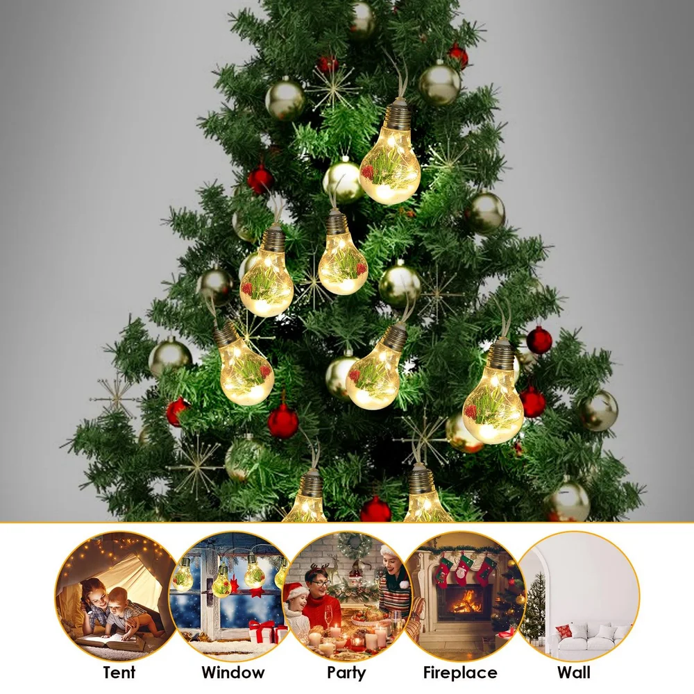 Decorative Christmas tree adorned with LED light bulbs and gold and red ornaments, ideal for festive home decorations for various settings such as parties, fireplaces, and windows.
