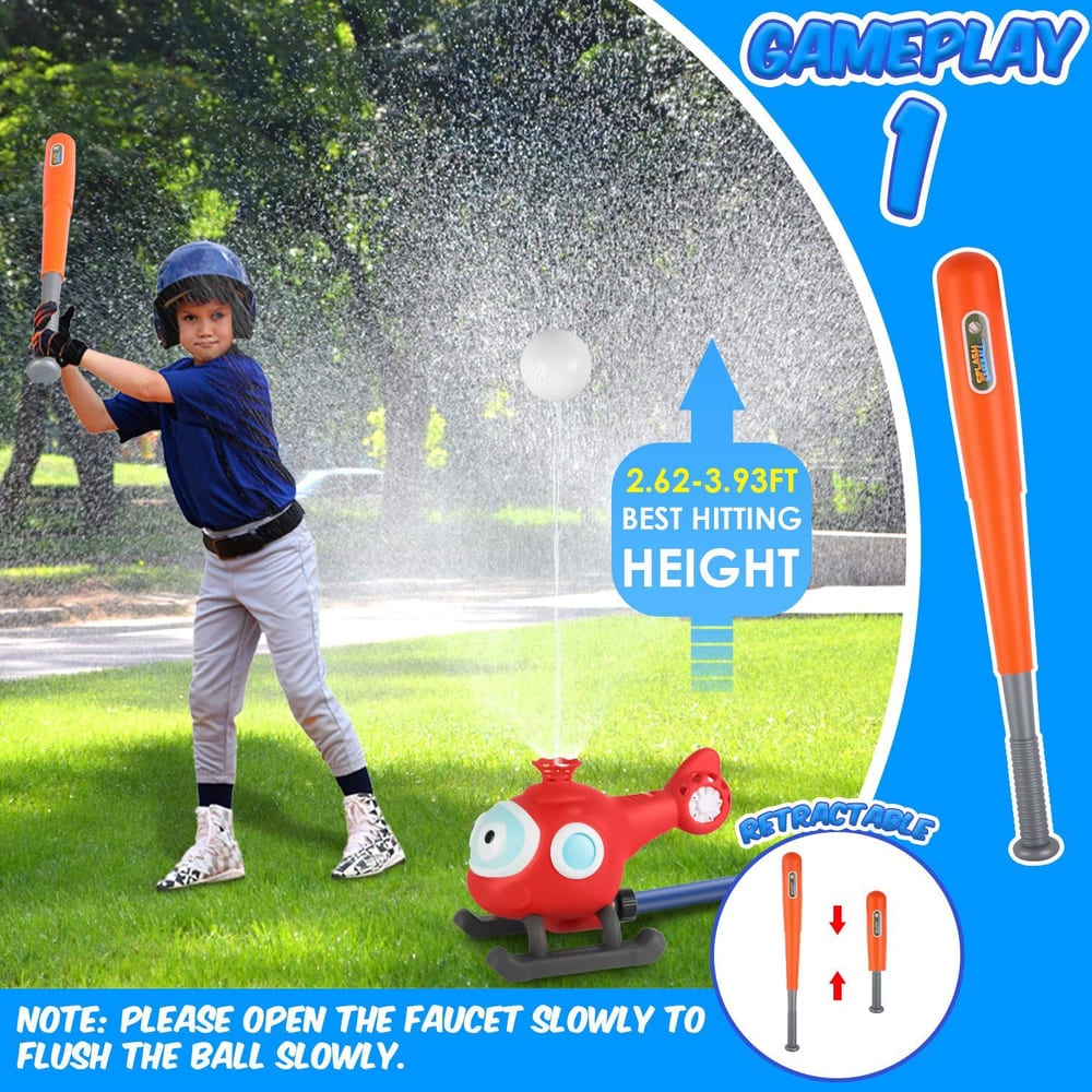 Child playing with a water spray baseball toy featuring a red helicopter design, using an orange bat, in a grassy outdoor setting with water spraying around for fun and active gameplay.