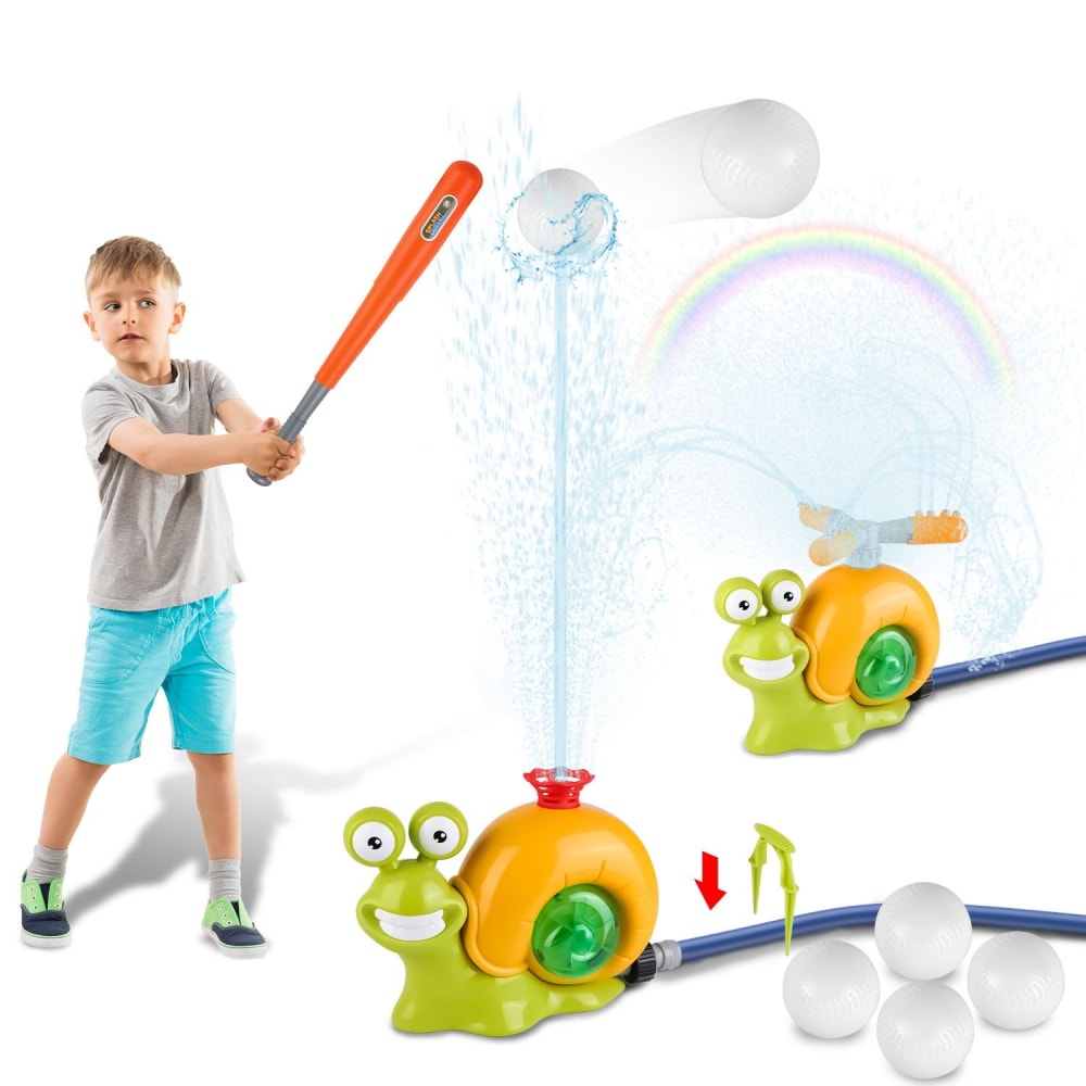Child playing with a colorful snail water sprinkler toy, swinging an orange bat to hit white balls, with water spraying from the toy and a rainbow in the background.
