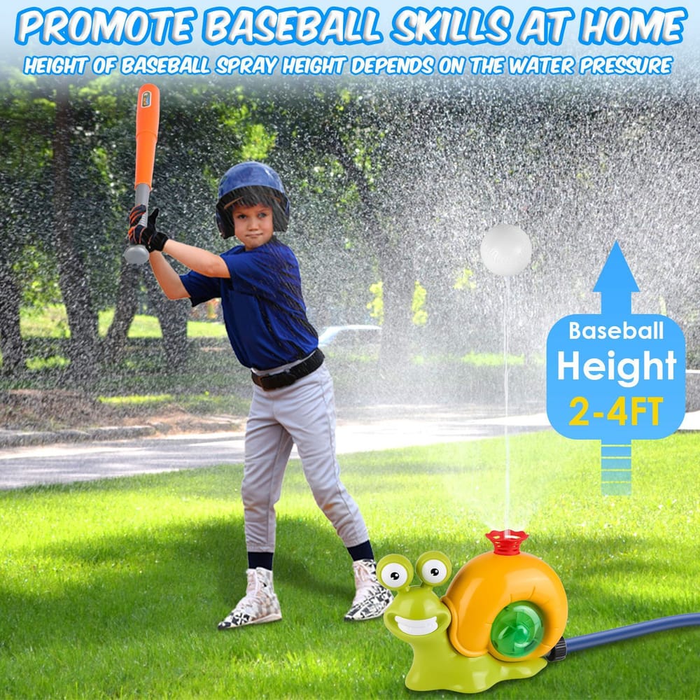 Kid practicing baseball skills with a water spray pitching device, adjustable spray height of 2-4 feet, in a grassy backyard setting.