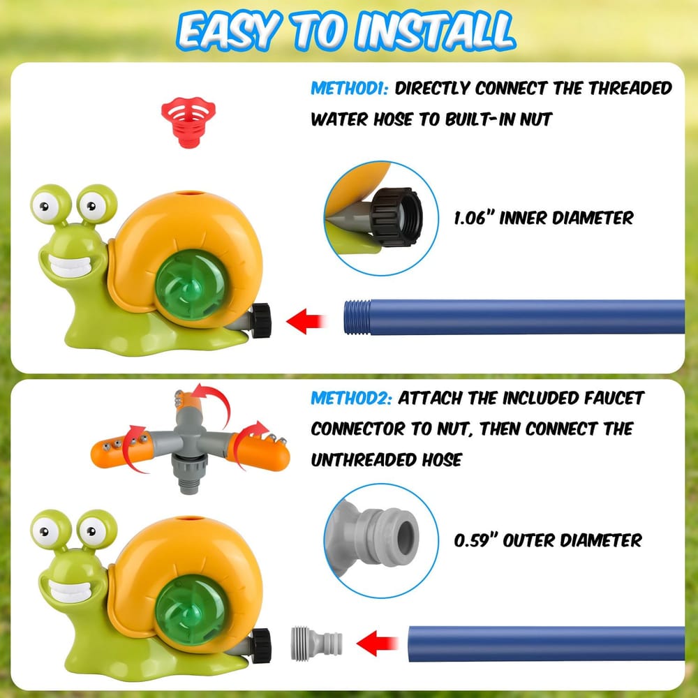Colorful snail garden hose connector with quick installation methods and size specifications for easy use.