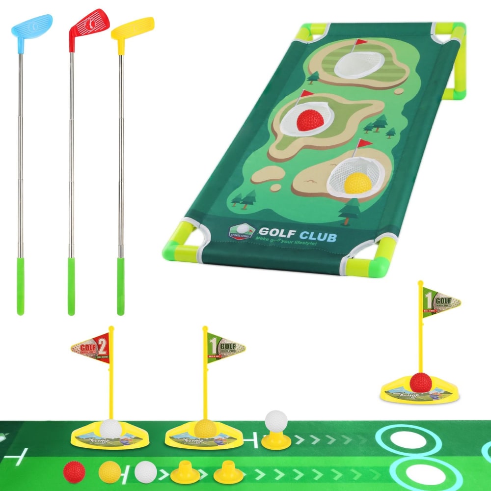 Colorful indoor mini golf set featuring three putters, a mini golf course mat with a course design, and two golf flags with holes, perfect for family fun and skill development.