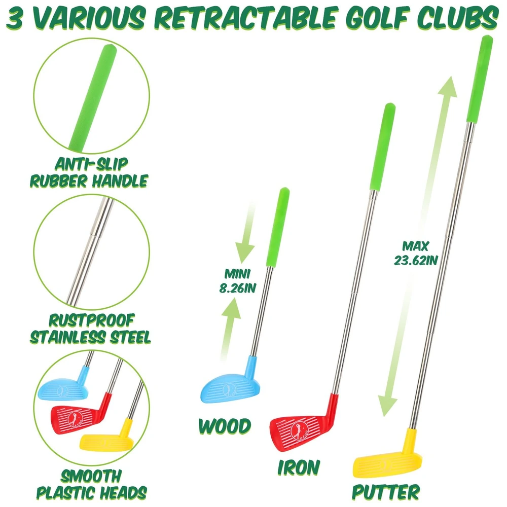 Colorful retractable golf clubs set featuring a wood club, iron club, and putter, with anti-slip rubber handles, rustproof stainless steel shafts, and smooth plastic heads; adjustable lengths from 8.26 inches to 23.62 inches.
