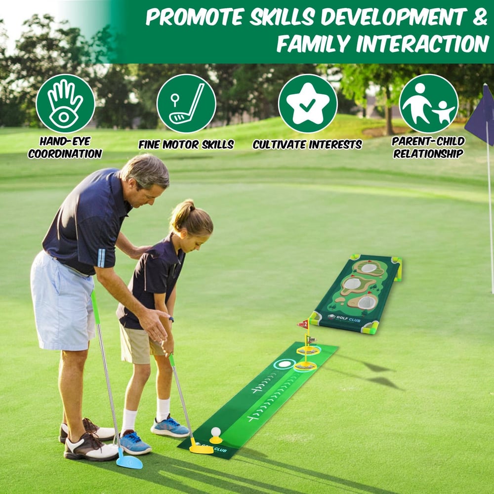 A grandfather teaching his grandson how to play mini-golf on a green putting mat, promoting family interaction and skill development, with graphics highlighting hand-eye coordination, fine motor skills, and parent-child relationship.