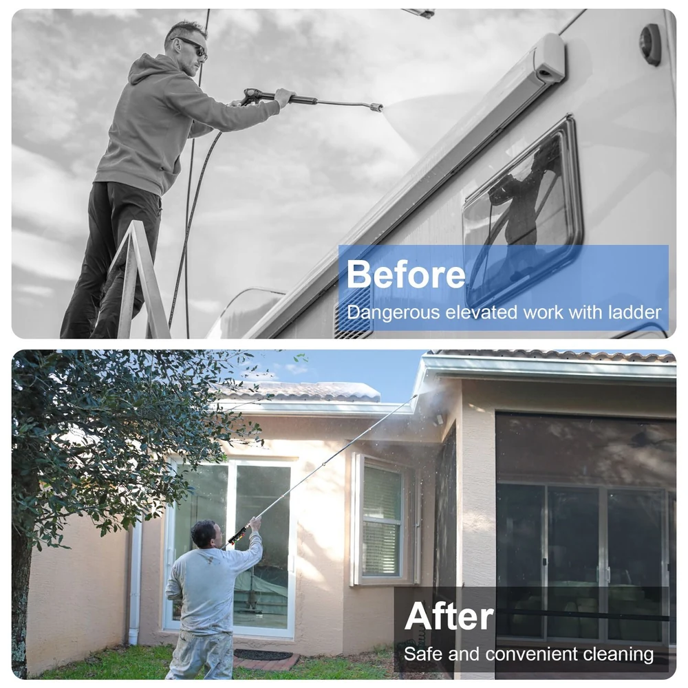 Before and after comparison of exterior cleaning, featuring a person using a high-pressure washer safely from the ground versus cleaning with a ladder, highlighting convenience and safety improvements.