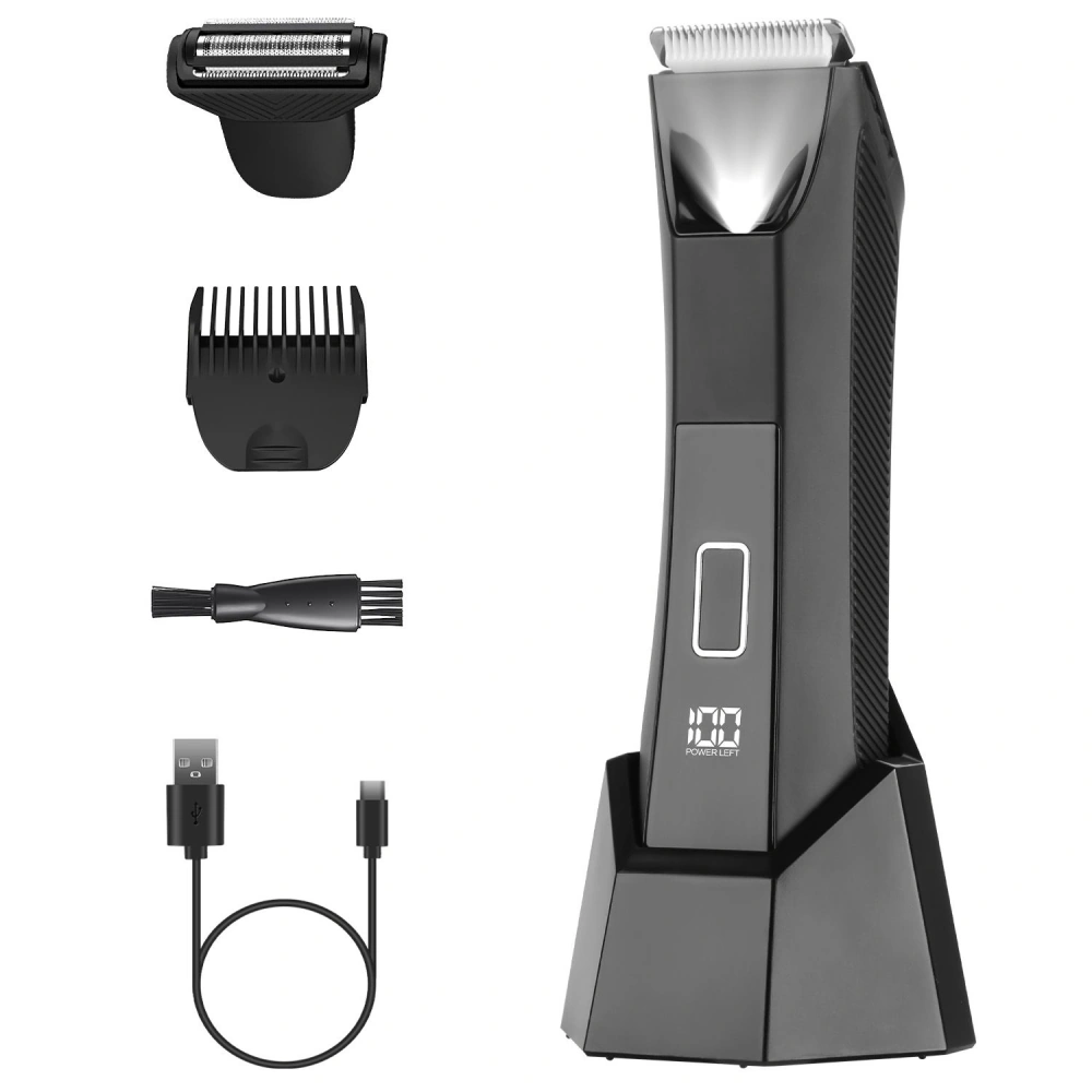 Men's electric hair clipper and shaver kit with multiple attachments, charging cable, and cleaning brush, featuring a digital display for battery life.
