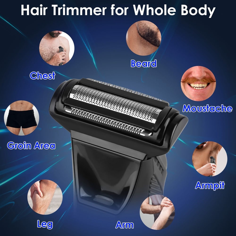 Hair trimmer designed for whole body grooming, featuring various areas of use including chest, beard, moustache, groin, armpit, arm, and leg.