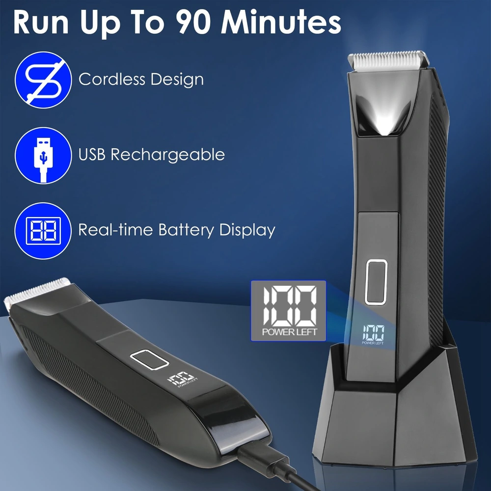 Cordless USB rechargeable hair clipper with a real-time battery display, featuring a sleek black design and capable of running for up to 90 minutes on a single charge.