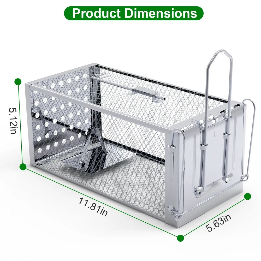 Stainless steel animal trap featuring a mesh design, showing product dimensions of 5.12 inches in height, 11.81 inches in length, and 5.63 inches in width, ideal for safe and humane animal capture.