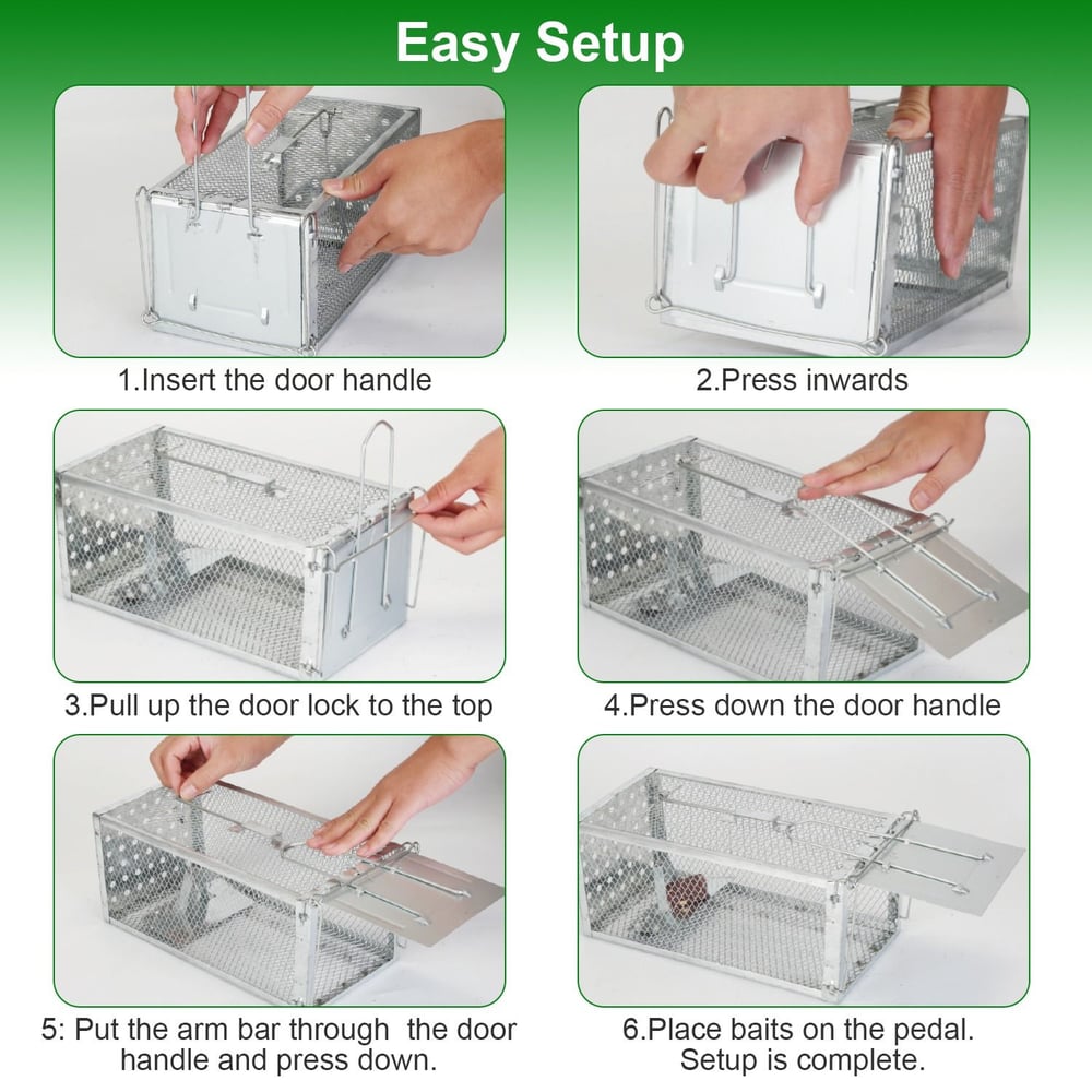 Image showing a step-by-step guide for setting up a metal trap, with hands demonstrating each action to insert the door handle, lock the door, and prepare the trap for use.